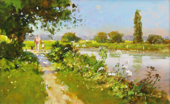 John Haskins A Sunny Walk On The Ivel traditional river painting