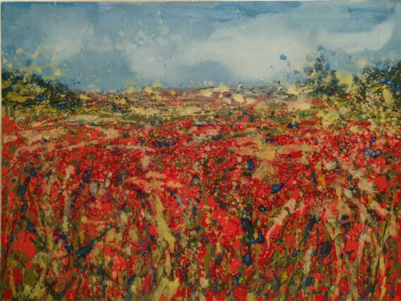 Sharon Withers Red Vista II abstract flower field art for sale