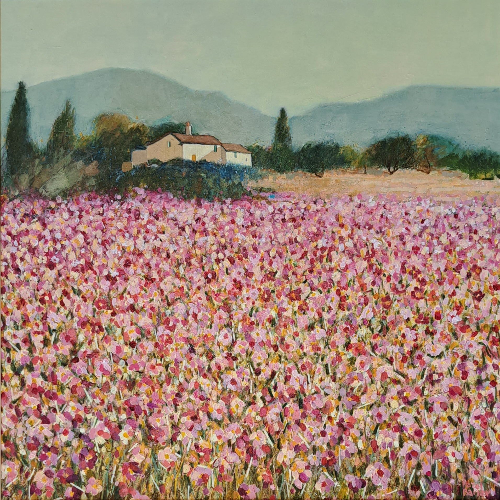 Hazel Barker Flowery Pink Meadow painting colourful pink floral field painting with magenta flowers in Mediterranean landscape scene with frame