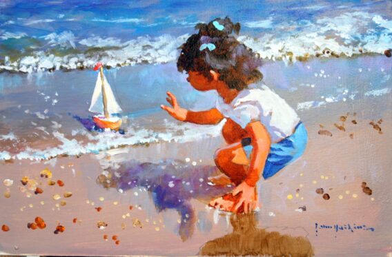 John Haskins Maiden Voyage playful seaside painting for sale