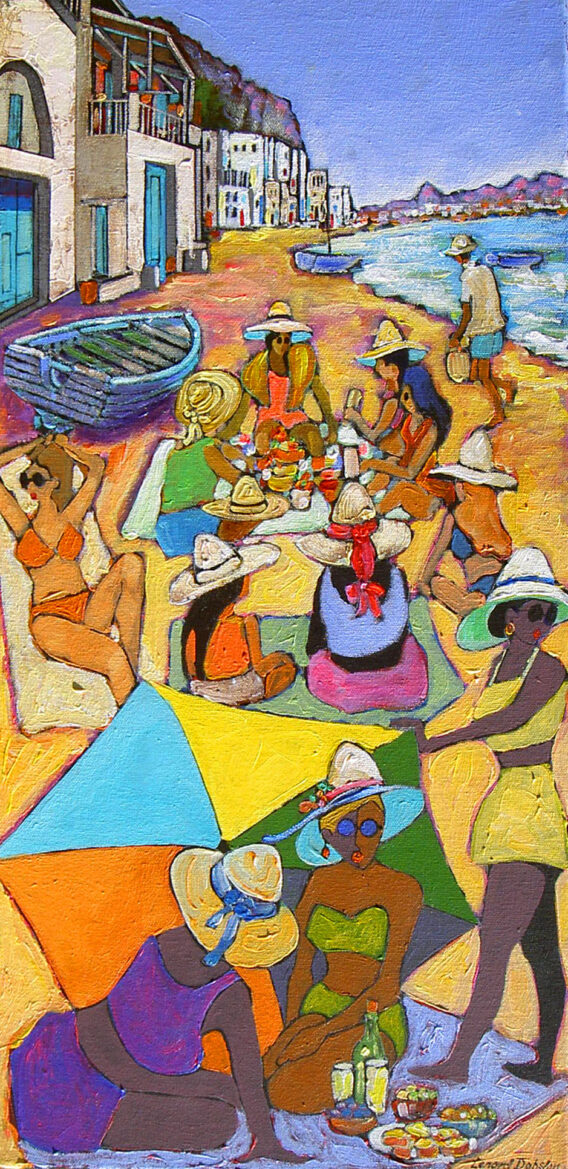 Leonard Dobson Corfu painting colourful original tall narrow Greek inspired painting with figures on beach seafront with seaside buildings