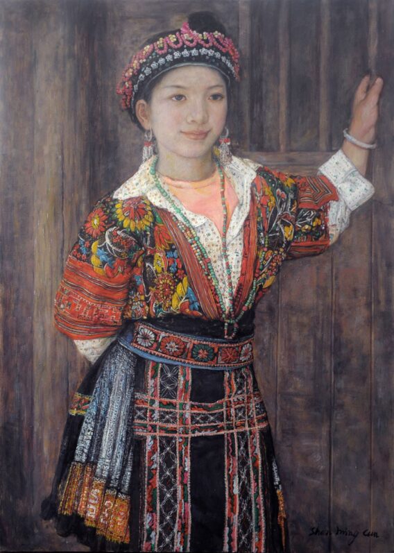 Shen Ming Cun Yao Festival Dress Fine Art For Sale traditional oil painting of young Chinese woman in colourful festival garments