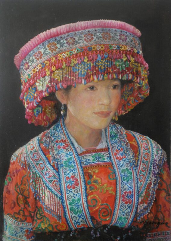 Shen Ming Cun Colour and Beauty Miao Oriental Art For Sale colourful original portrait painting of young Chinese woman wearing bright decorative traditional cultural garments