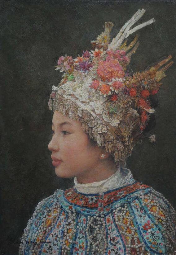 Shen Ming Cun Ceremonial Headdress Dong Tribe Chinese painting in oil of woman wearing colourful traditional clothing, pictured in profile