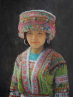 Shen Ming Cun Miao Tribe Girl oil painting from China featuring young Chinese woman wearing colourful traditional garments with green pink and blue beading