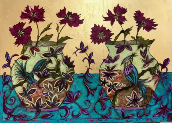 Emma Forrester First Blooms chinese vases painting with oriental style pottery and flowers in original contemporary still life artwork style