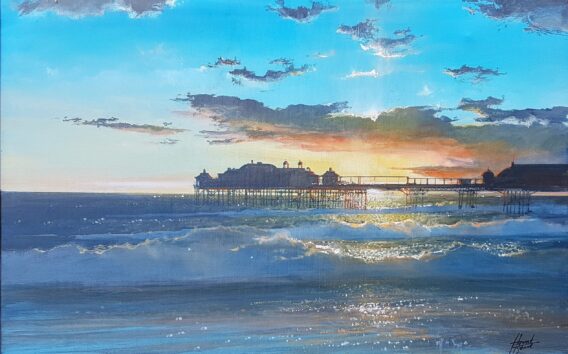 painting original sunset seascape acrylic painting of old pier in Brighton in black frameHoward Birchmore Brighton West Pier painting original sunset seascape acrylic painting of old pier in Brighton in black frame