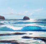Howard Birchmore Trebarwith Strand painting original blue seascape painting of Cornish Trebarwith Strand wave beach scene in traditional style