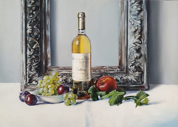Csaba Kiss Chateau dArche Still Life wine painting original traditional realistic oil painting of fine wine and fruits with ornate frame
