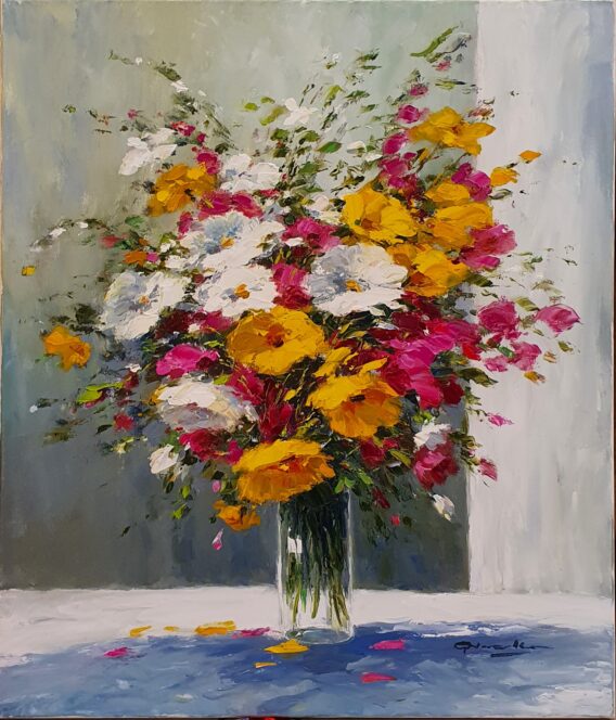 Gerhard Nesvadba Spring Bouquet painting colourful original Still Life of yellow orange and pink flowers in vase in traditional style