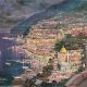 Mario Sanzone Positano painting colourful original Italian hilltop cityscape painting of Amalfi coastal town in modern contemporary style