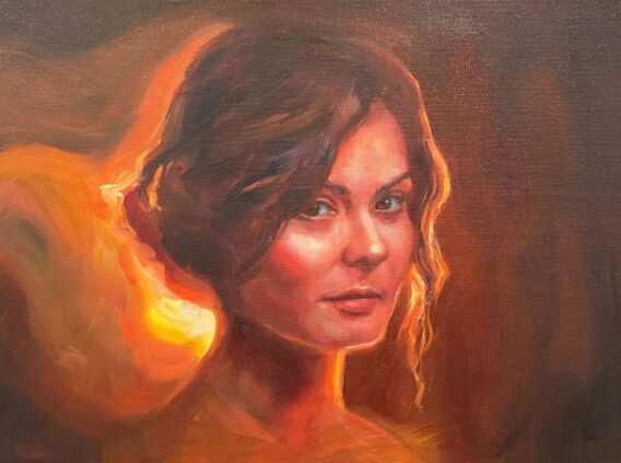 Julie Cross After Glow contemporary figurative artwork modern portrait painting of woman in orange and yellow, in contemporary grey frame