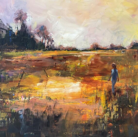 Julie Cross The Traveller original framed abstract landscape painting for sale in modern contemporary art style with figure in autumnal landscape scene