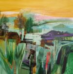 Amber Sky Celia Wilkinson buy yellow landscape art colourful original large-scale landscape painting with trendy modern white frame