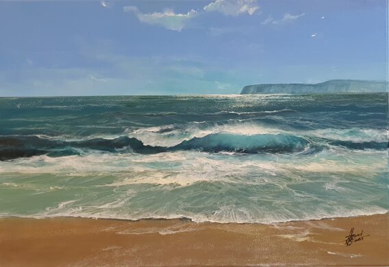 Howard Birchmore Near Hanover Point painting of blue sky and waves on sand at Isle of Wight beach