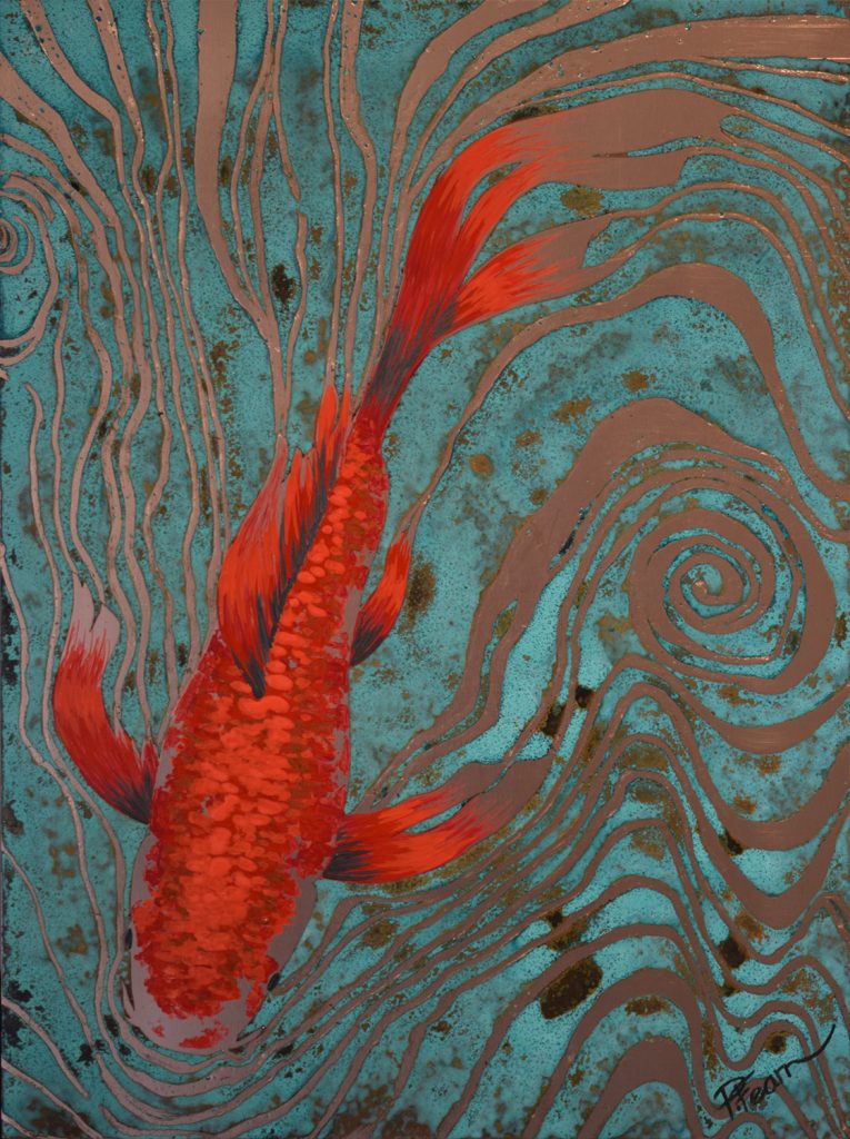 Paul Fearn The Shape of Water III buy sea themes art colourful original unique modern red Koi Fish artwork on framed metal sheet