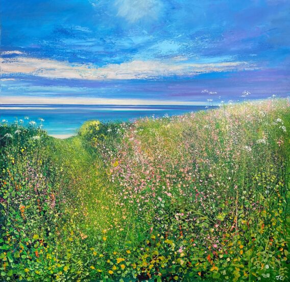 John Connolly To the Beach flower beach painting colourful blue sky green floral coastal beach painting in modern style on large canvas