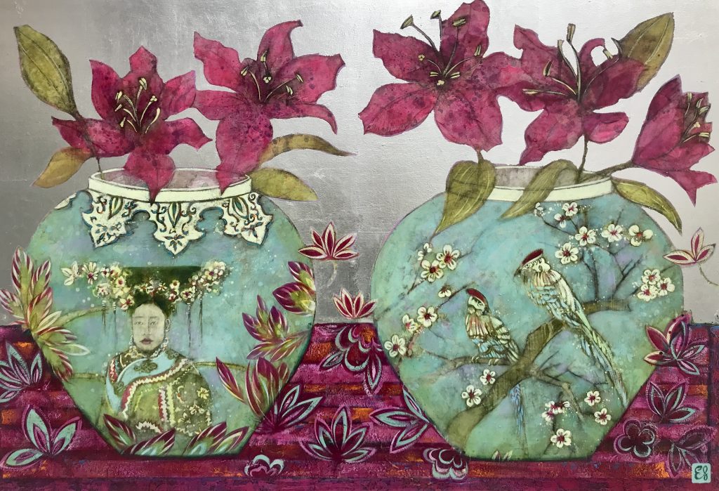 Emma Forrester Manchurian Princess painting colourful original silver leaf pink and teal painting of Chinese vase in modern art style