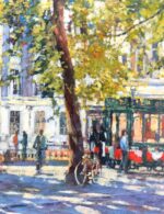 John Hammond Leafy Square Provence painting original impressionist street scene artwork of an idyllic French town in the Mediterranean