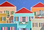 Ali Mourabet Mediterranean Vibes buildings painting colourful original modern painting with multicoloured buildings in contemporary style