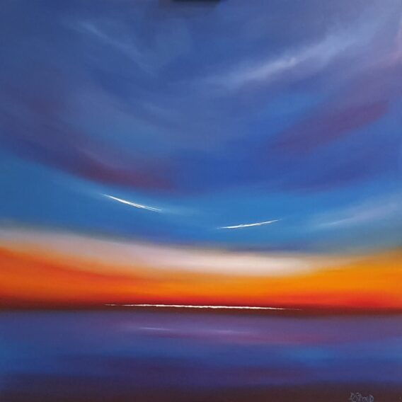 Debra Stroud Blue Note I painting colourful dynamic blue purple orange skyscape seascape painting in abstract modern style