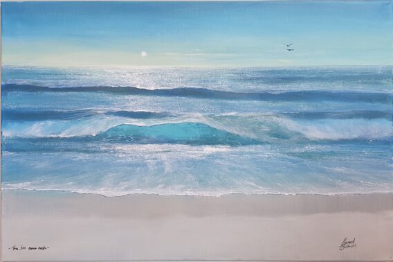 Howard Birchmore The Sea Never Rests for sale original framed beach painting with blue waves and sky, in modern traditional style