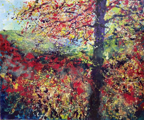 Sharon Withers The Colours of Autumn painting for sale modern abstract original oil painting of Autumn tree in orange red yellow colours