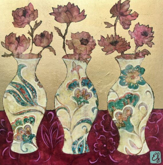 Emma Forrester Iznik Opulence painting gold leaf floral Still Life painting with flowers in Turkish and Chinese inspired vase with white frame