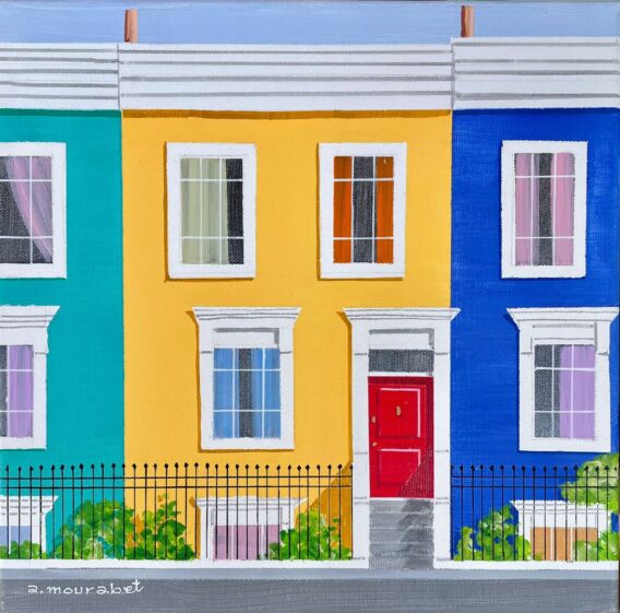 Ali Mourabet Houses of London I painting colourful modern acrylic painting of row of teal yellow and blue houses in Notting Hill Chelsea London street