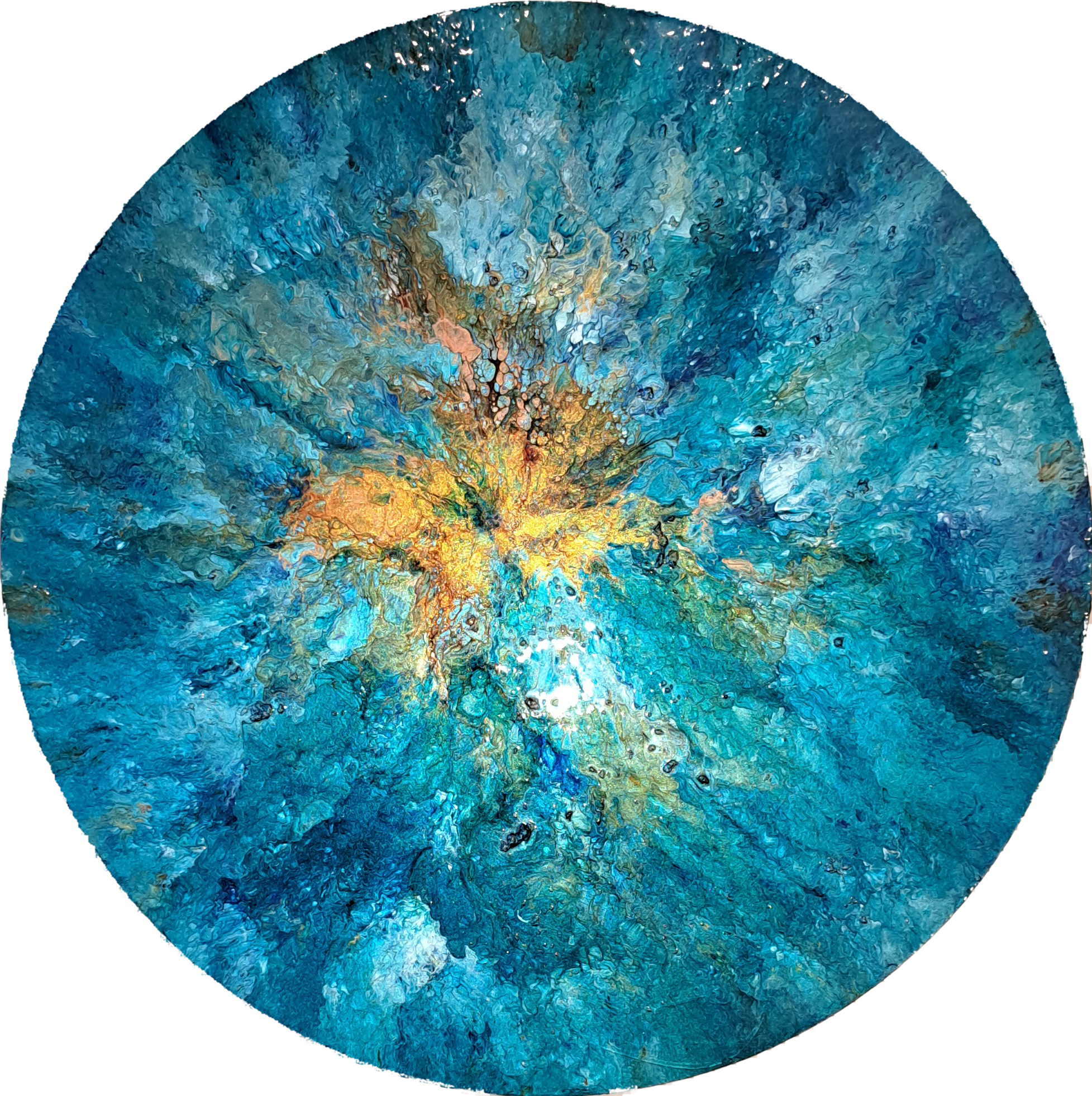 Claire Woolhead Aurelia Ocean round painting teal blue and gold metallic glittery painting on circular metal sheet in modern contemporary abstract style