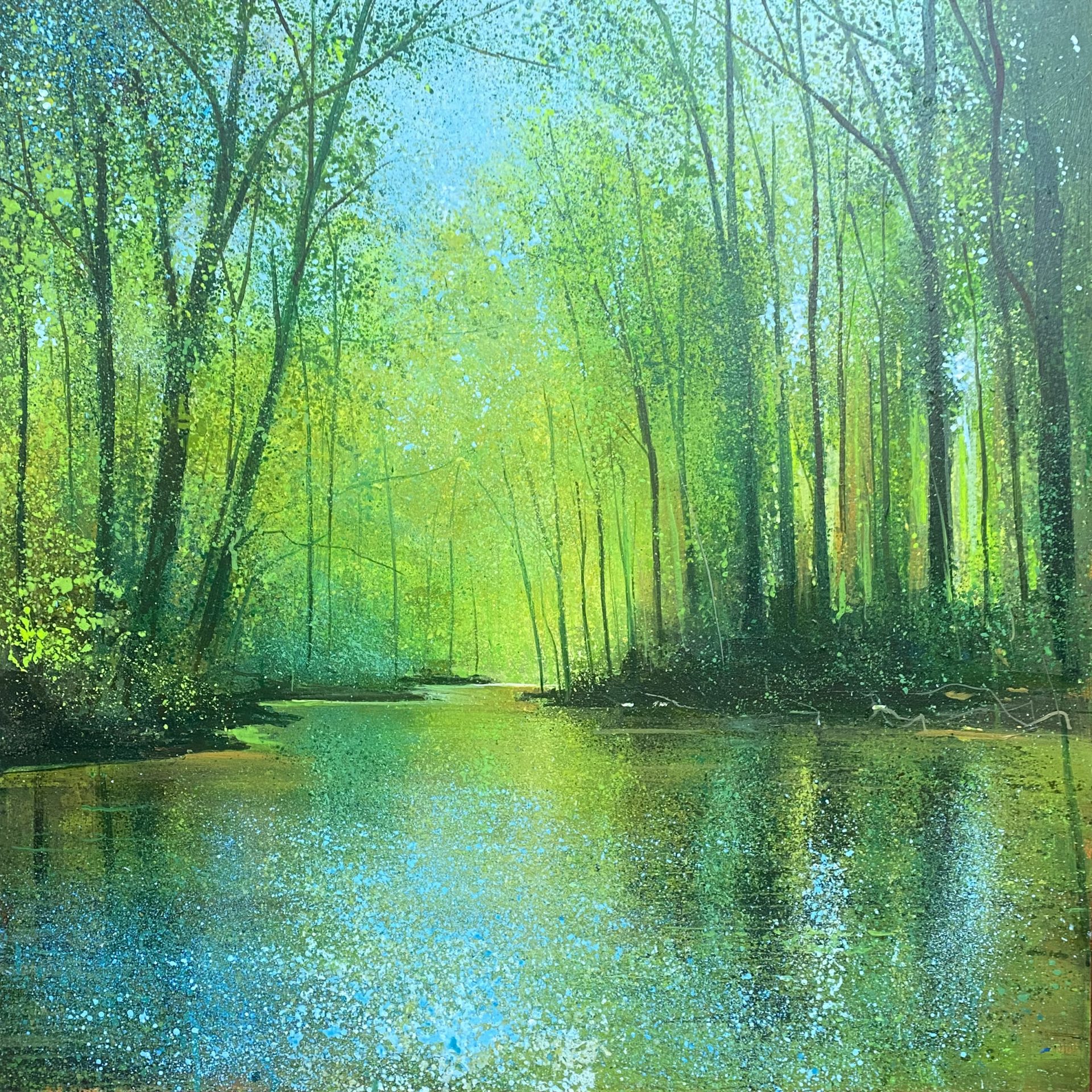 John Connolly Alone By The River Spring River Painting Green and blue Springtime painting with woodland trees alongside river in modern art style