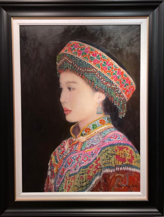 Painting of Beaded Splendour colourful Miao Tribe girl in beaded costume by Shen Ming Cun