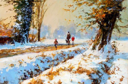 NEW BOOTS Winter English Countryside painting by John Haskins