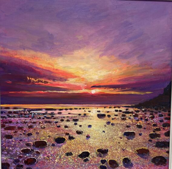 SALTWICK SUNRISE by John Connolly. Original sunset over sea painting in modern style.