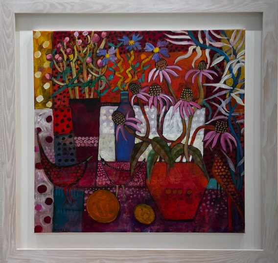 Red fruit and birds framed moira hazel