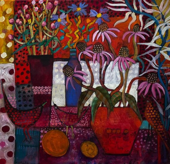 Red fruit and birds unframed moira hazel