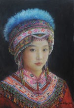 Blue Feathers Miao Tribe 75x50cm by Shen Ming Cun portrait painting