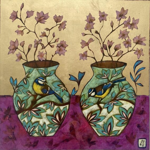Blue tits and Plum blossom Mixed media on wooden panel 975
