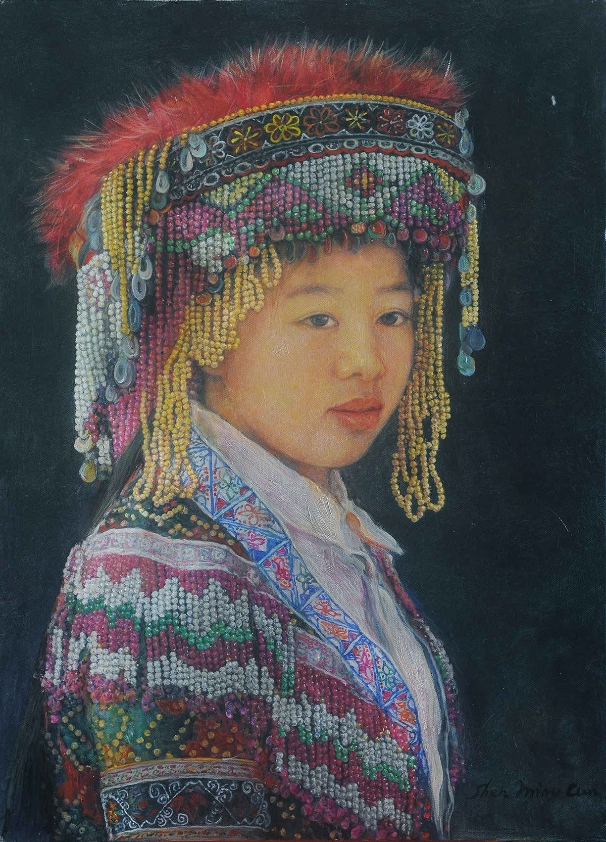 Feather & Beads Miao Tribe 70x50cm Original oil painting by Shen Ming Cun