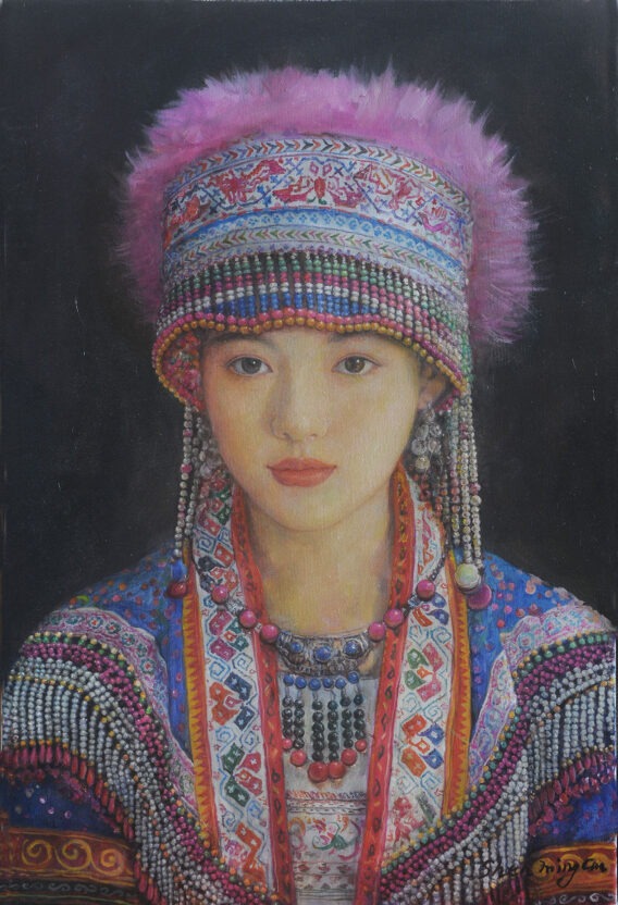 Portrait painting Pink and Blue Miao Tribe 75x50cm Shen Ming Cun