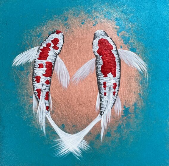 Paul Fearn "Orange & White Koi Pair" Patinated Copper Art For Sale. Unique framed etched copper sheet artwork of fish on teal blue background