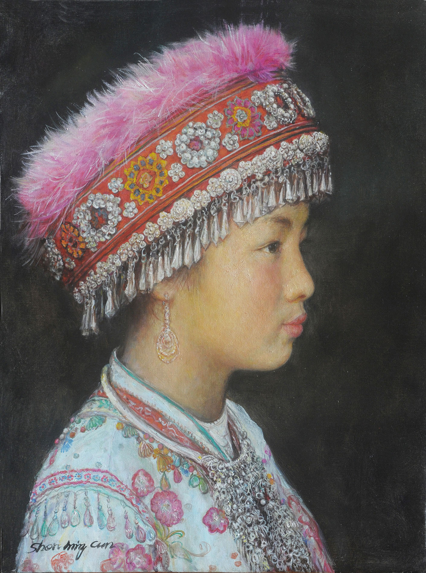 Profile in pink feathers Miao Tribe 60x45