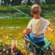 Just thinking original acrylic painting by John Haskins of boy fishing