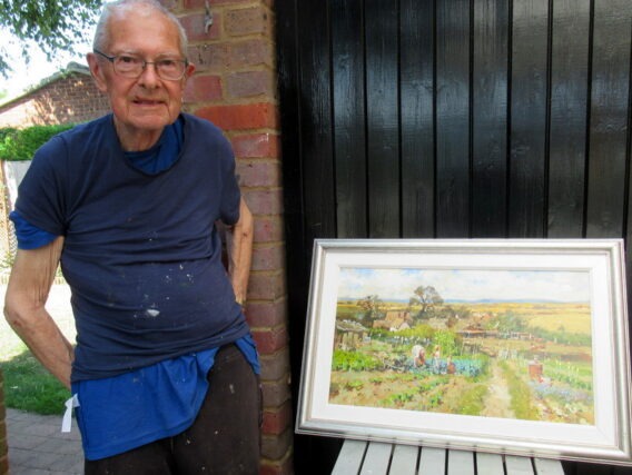 John Haskins with his favourite painting "View Across to Charlton, Hertfordshire"